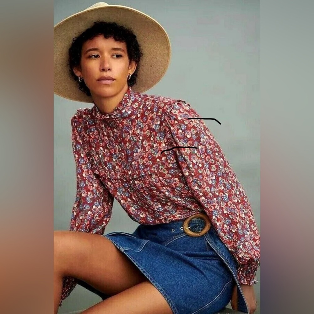 Anthropologie Size 2 Emia Ruffled Button-Down Blouse Top Floral Wine Motif EUC